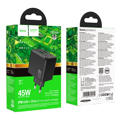 Купить Сетевое Зарядное Устройство Hoco CS18A 2USB-C/2USB PD/QC 45W, 2