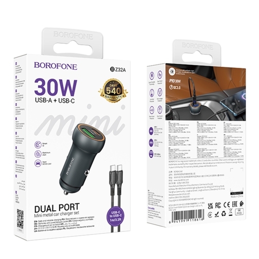 Купити Автомобільний Зарядний Пристрій Borofone BZ32A 1USB/1USB-C QC/PD30W+Type-C to Type-C, 2
