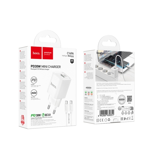Купить Сетевое Зарядное Устройство Hoco C149A 1USB/1USB-C PD/QC 30W+Type-C to Type-C, 2