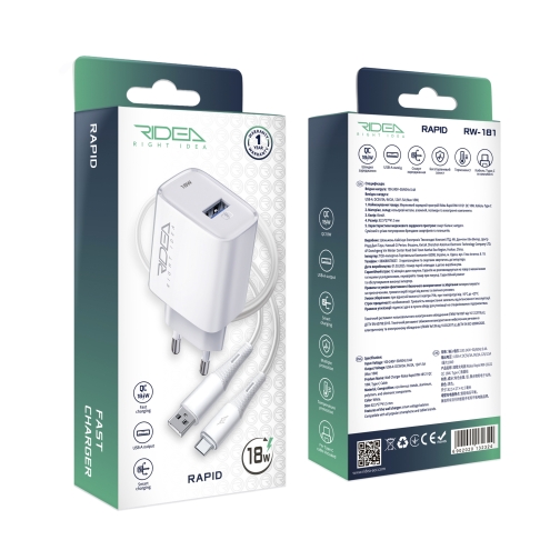Купити Мережевий Зарядний Пристрій Ridea RW-18121 Rapid 1USB QC 18W+Type-C, 2