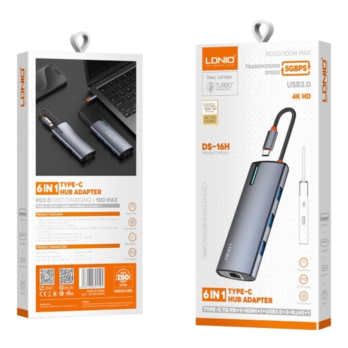 Купить USB Hub LDNIO DS-16H Type-C To PD*1(100W)+HDMI*1(4K@30hz)+USB3.0*3+RJ45*1(1Gbps), 2