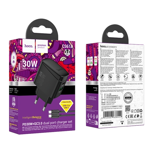 Купити Мережевий Зарядний Пристрій Hoco CS61A 1USB/1USB-C PD/QC 30W+Type-C to Type-C, 2
