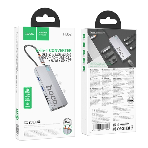 Купить USB Hub Hoco HB52 Type-C 8-in-1 (HDTV+RJ45-100Mbps+SD/TF+PD+Type-C3.0+USB3.0*2), 2