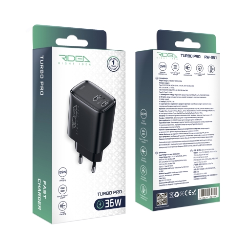 Купити Мережевий Зарядний Пристрій Ridea RW-36120 Turbo Pro 2USB-C QC/PD 36W, 2