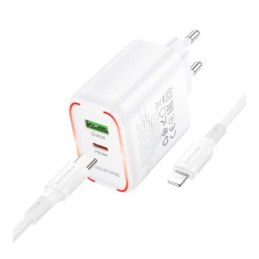 Купити Мережевий Зарядний Пристрій Borofone BA89A 1USB-C/1USB PD/QC 30W+Type-C to Lightning, 5