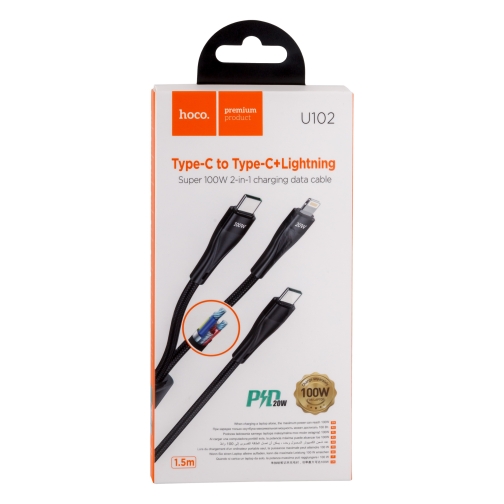 Купити Кабель USB Hoco U102 Super 100W 2 in1 Type-C to Type-C+Lightning, 2