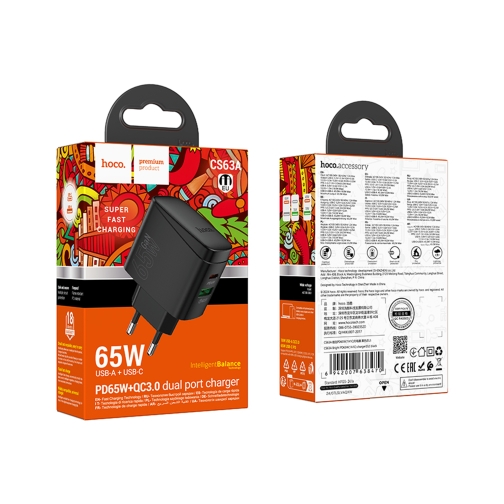 Купить Сетевое Зарядное Устройство Hoco CS63A 1USB/1USB-C PD65W/QC GAN, 2