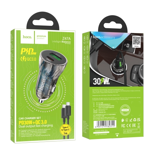Купить Авто Зарядное Устройство Hoco Z47A Transparent PD30W+QC3.0 Type-C to Type-C, 2