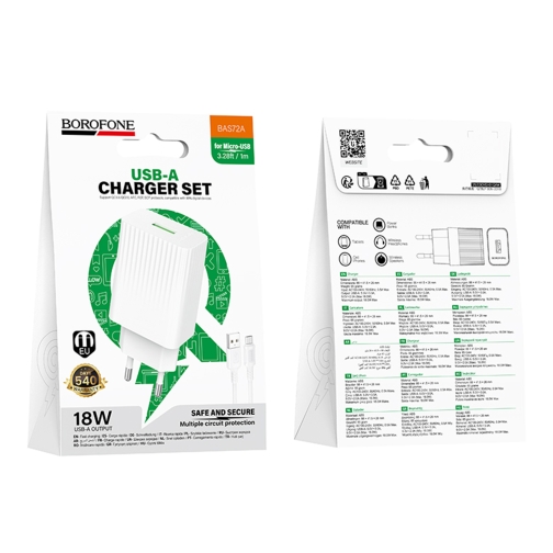 Купити Мережевий Зарядний Пристрій Borofone BAS72A 1USB QC3.0 18W+USB to Micro, 2