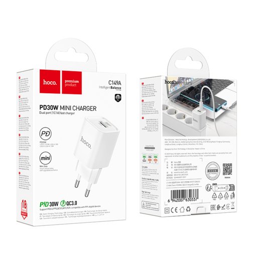 Купить Сетевое Зарядное Устройство Hoco C149A 1USB/1USB-C PD/QC 30W, 2