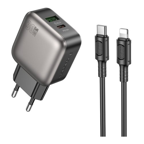 Купить Сетевое Зарядное Устройство Borofone BAS55A 1USB-C/1USB PD/QC 30W GAN+Type-C to Lightning