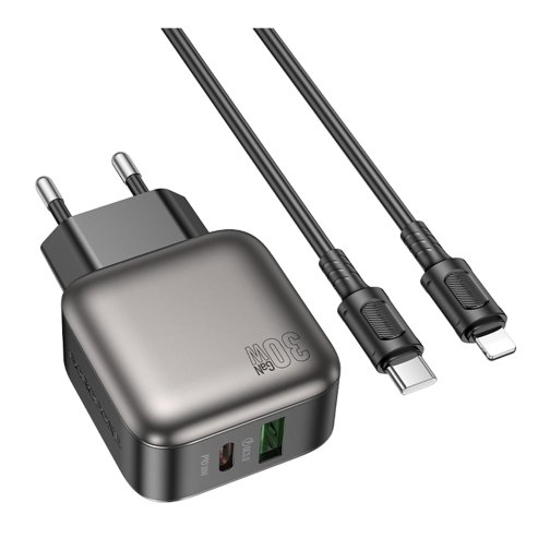 Купить Сетевое Зарядное Устройство Borofone BAS55A 1USB-C/1USB PD/QC 30W GAN+Type-C to Lightning, 3