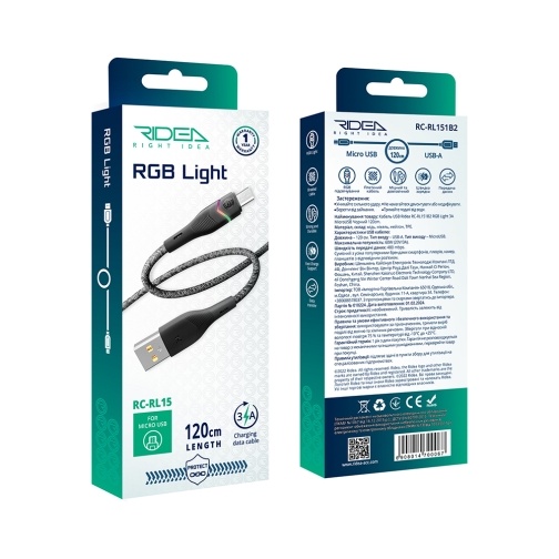 Купити Кабель USB Ridea RC-RL15 RGB Light MicroUSB 3A 1.2m, 2