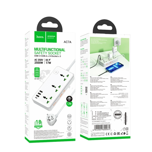 Купить Сетевой Удлинитель Hoco AC7A 1C3A 1.5m, 2