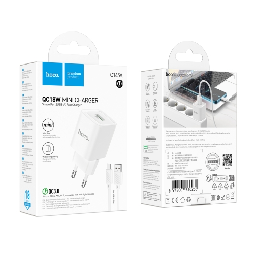 Купити Мережевий Зарядний Пристрій Hoco C145A 1USB QC 18W+USB to Type-C М'ята упаковка