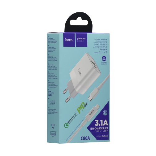 Купить Сетевое Зарядное Устройство Hoco C80A PD 20W + QC3.0 Type-C to Lightning