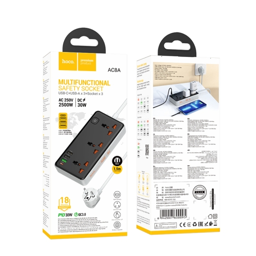 Купить Сетевой Удлинитель Hoco AC8A PD30W/QC18W/1C3A 1.5m, 3