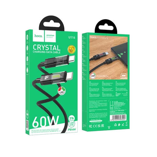 Купить USB Hoco U116 Transparent 60W LED Indicator Type-C to Type-C 1.2m