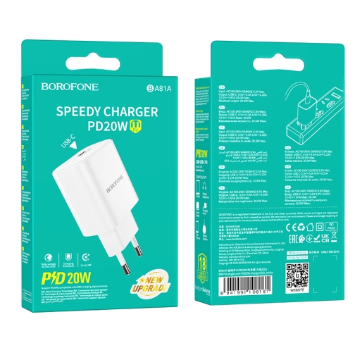 Купити Мережевий Зарядний Пристрій Borofone BA81A 1USB-C PD/QC 20W, 4