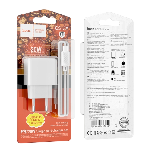 Купить Сетевое Зарядное Устройство Hoco CS13A 1USB-C PD/QC 20W+Type-C to Type-C, 2