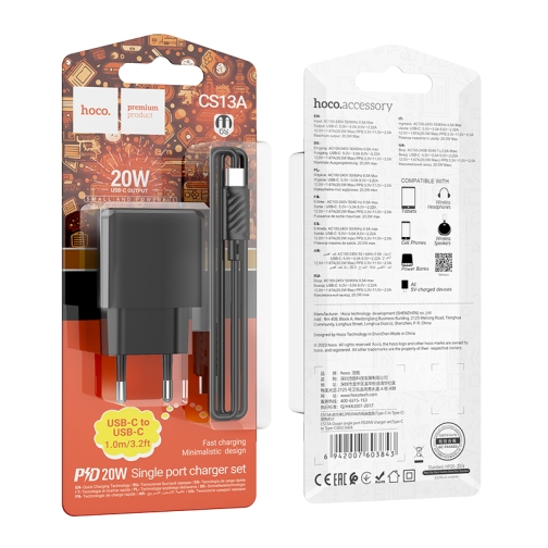 Купить Сетевое Зарядное Устройство Hoco CS13A 1USB-C PD/QC 20W+Type-C to Type-C, 3