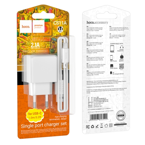 Купити Мережевий Зарядний Пристрій Hoco CS11A 1USB 2.1A+USB to Type-C, 2