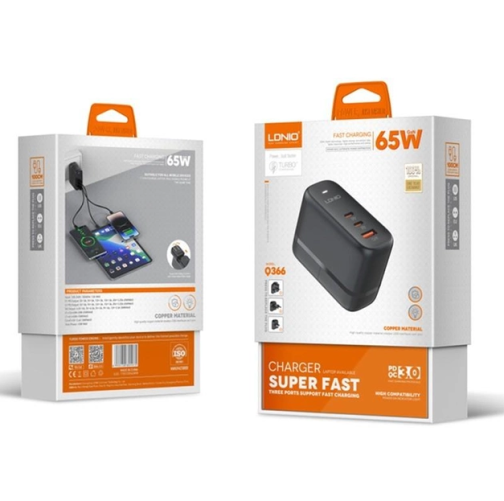 Купить Сетевое Зарядное Устройство LDNIO Q366 GAN 65W+Type-C to Type-C, 4