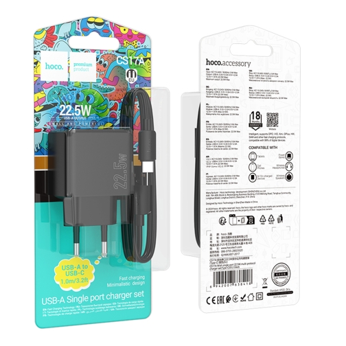 Купити Мережевий Зарядний Пристрій Hoco CS17A 1USB Multi-Protocol 22.5W+USB to Type-C, 2