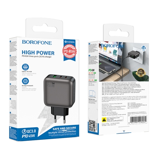 Купить Сетевое Зарядное Устройство Borofone BAS56A 2USB-C/1USB QC/PD 45W GAN, 2