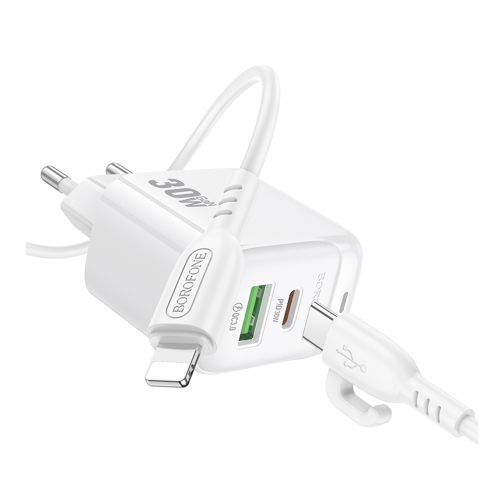Купить Сетевое Зарядное Устройство Borofone BAS45A 1USB-C/1USB PD/QC 30W+Type-C to Lightning, 6