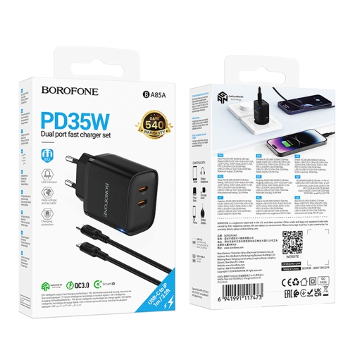 Купити Мережевий Зарядний Пристрій Borofone BA85A 2USB-C PD/QC 35W+Type-C to Lightning, 3
