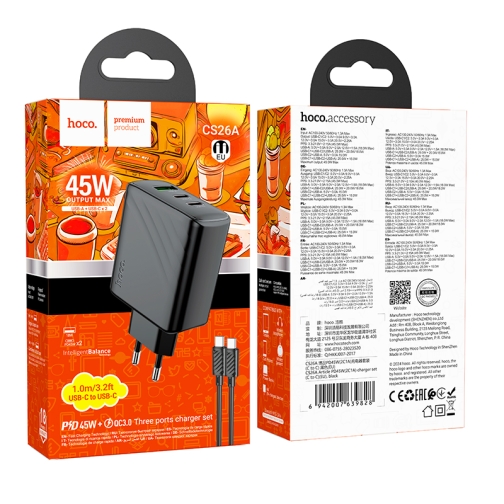 Купить Сетевое Зарядное Устройство Hoco CS26A 2USB-C/1USB PD/QC 45W+Type-C to Type-C, 2