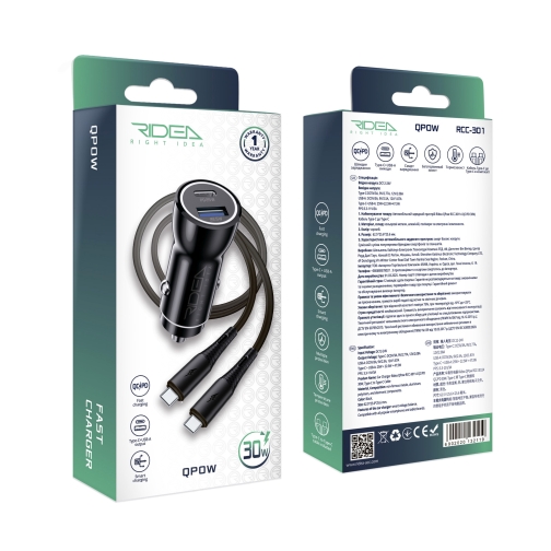 Купить Авто Зарядное Устройство Ridea RCC-30114 QPow 1USB/1USB-C PD/QC 30W+Type-C to Type-C