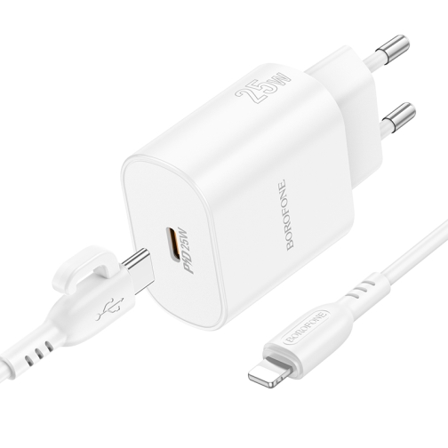 Купить Сетевое Зарядное Устройство Borofone BA82A 1USB-C PD/QC 25W+Type-C to Lightning, 3