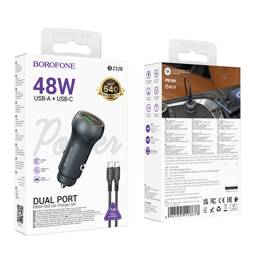 Купити Автомобільний Зарядний Пристрій Borofone BZ32B 1USB/1USB-C QC/PD48W+Type-C to Type-C, 2