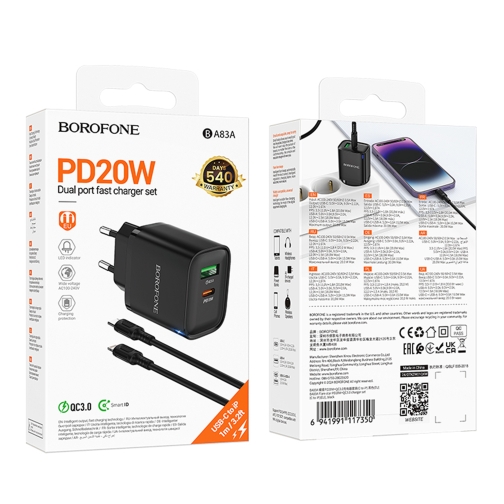 Купити Мережевий Зарядний Пристрій Borofone BA83A 1USB-C/1USB PD/QC 20W+Type-C to Lightning, 3