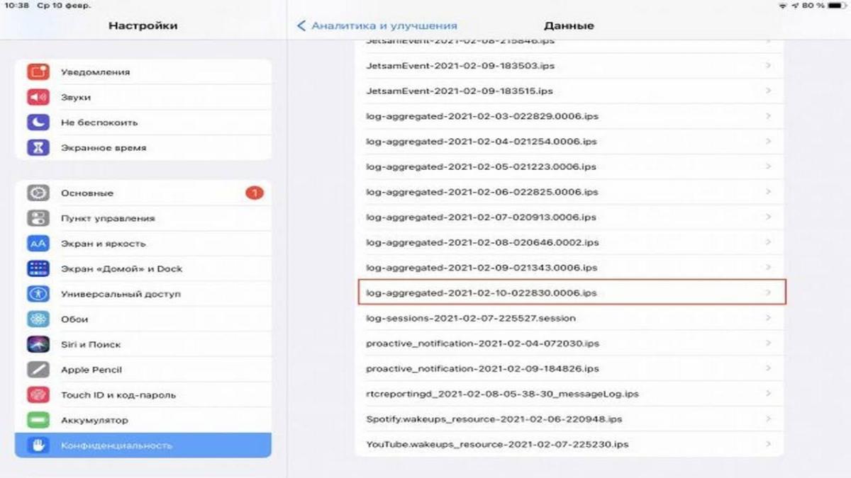 Скриншот меню iPhone с собранной аналитикой – файл log-aggregated
