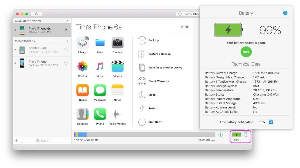 Интерфейс программы iMazing с результатом проверки состояния батареи